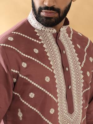 Cotton silk beads work yoke design embroidered sequin mauve kurta 2