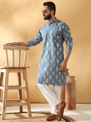 Cotton silk embroidered floral work blue kurta 3
