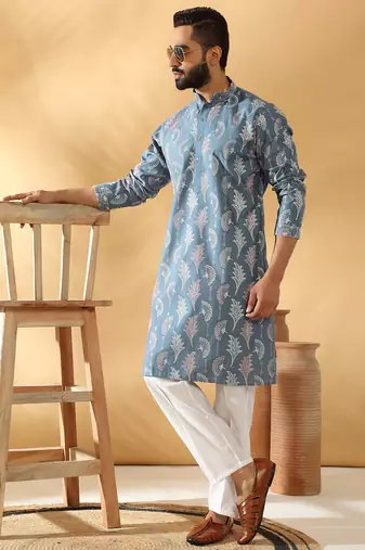 Cotton silk embroidered floral work blue kurta
