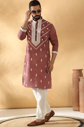 Cotton silk beads work yoke design embroidered sequin mauve kurta