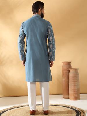 Cotton silk embroidered floral work blue kurta 4