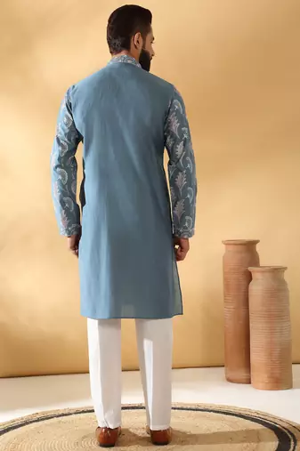 Cotton silk embroidered floral work blue kurta