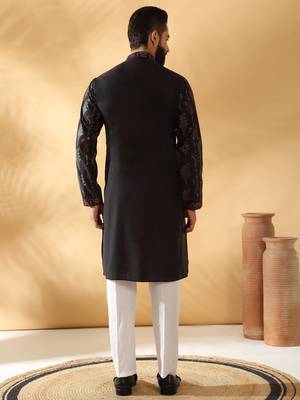 Cotton silk embroidered floral work black kurta 3