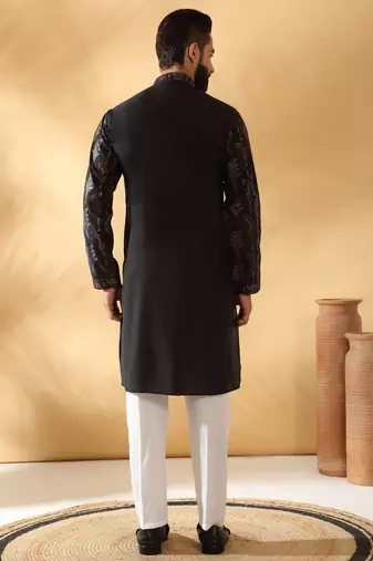 Cotton silk embroidered floral work black kurta