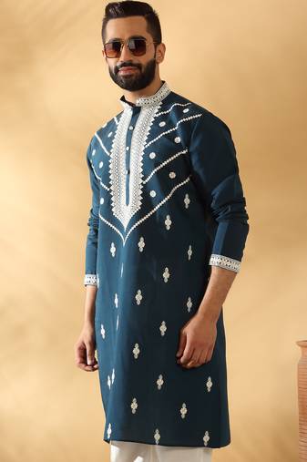 Cotton silk beads work yoke design embroidered sequin blue kurta