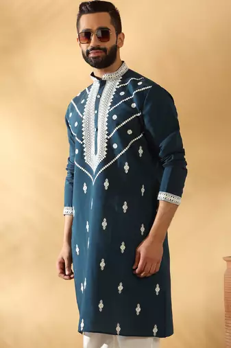 Cotton silk beads work yoke design embroidered sequin blue kurta