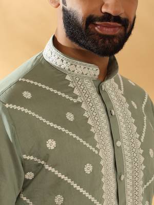 Cotton silk beads work yoke design embroidered sequin green kurta 2