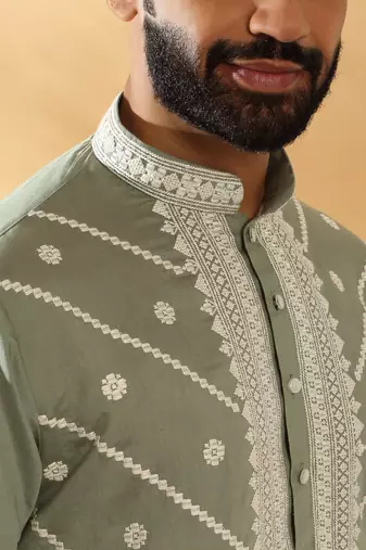 Cotton silk beads work yoke design embroidered sequin green kurta