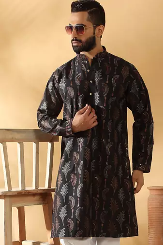 Cotton silk embroidered floral work black kurta