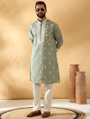 Cotton silk beads work yoke design embroidered sequin green kurta 3