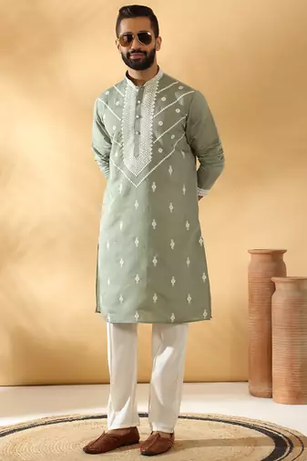 Cotton silk beads work yoke design embroidered sequin green kurta