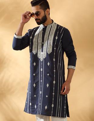 Cotton silk beads work zari embroidered sequin navy blue kurta 1