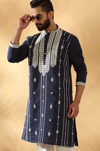 Cotton silk beads work zari embroidered sequin navy blue kurta