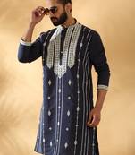 Cotton silk beads work zari embroidered sequin navy blue kurta
