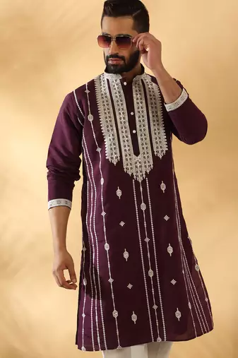 Cotton silk beads work zari embroidered sequin wine kurta