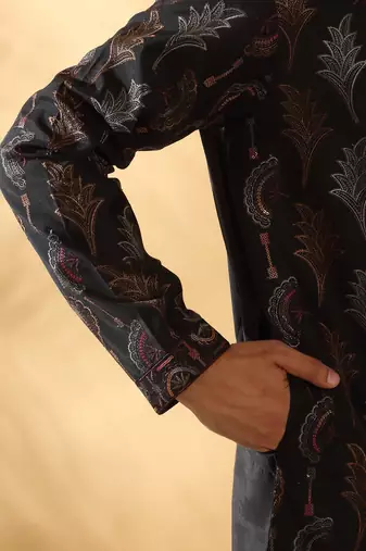 Cotton silk embroidered floral work black kurta
