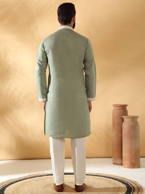Cotton silk beads work yoke design embroidered sequin green kurta 4