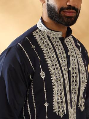 Cotton silk beads work zari embroidered sequin navy blue kurta 2