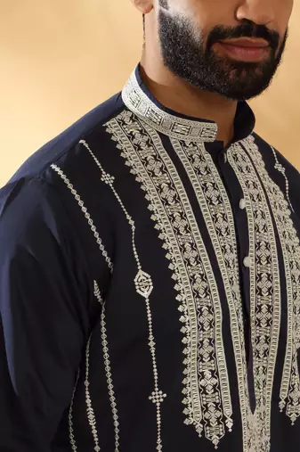 Cotton silk beads work zari embroidered sequin navy blue kurta