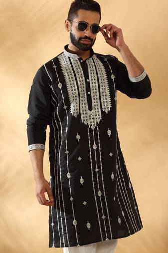 Cotton silk beads work zari embroidered sequin black kurta