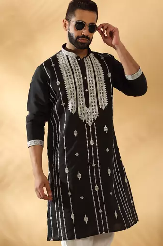 Cotton silk beads work zari embroidered sequin black kurta
