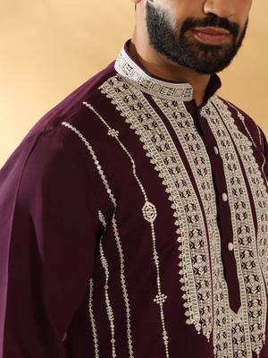 Cotton silk beads work zari embroidered sequin wine kurta 3
