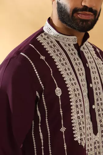 Cotton silk beads work zari embroidered sequin wine kurta