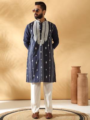 Cotton silk beads work zari embroidered sequin navy blue kurta 3