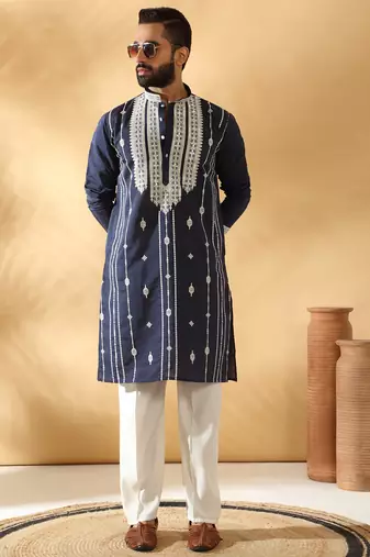 Cotton silk beads work zari embroidered sequin navy blue kurta