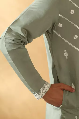 Cotton silk beads work yoke design embroidered sequin green kurta