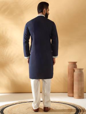 Cotton silk beads work zari embroidered sequin navy blue kurta 4