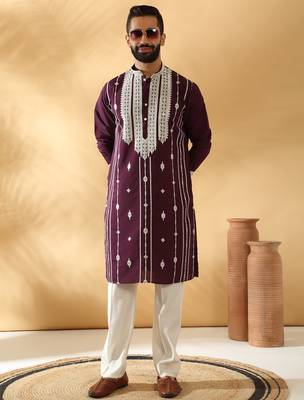 Cotton silk beads work zari embroidered sequin wine kurta 4