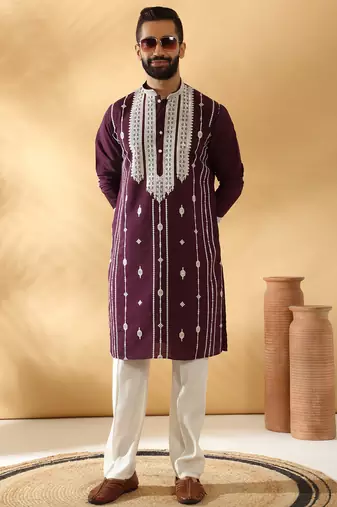 Cotton silk beads work zari embroidered sequin wine kurta