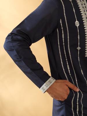 Cotton silk beads work zari embroidered sequin navy blue kurta 5