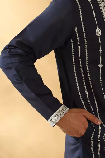 Cotton silk beads work zari embroidered sequin navy blue kurta