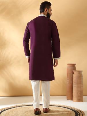 Cotton silk beads work zari embroidered sequin wine kurta 5