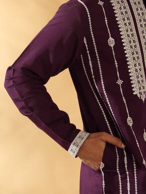 Cotton silk beads work zari embroidered sequin wine kurta 6