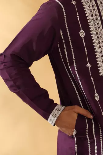 Cotton silk beads work zari embroidered sequin wine kurta