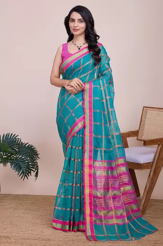 blue woven cotton saree with blouse