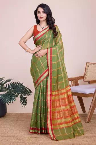 green woven cotton saree with blouse