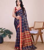 navy blue woven cotton saree with blouse