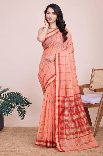 peach woven cotton saree with blouse