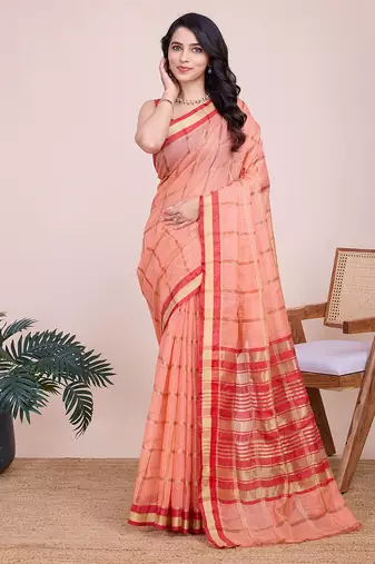 peach woven cotton saree with blouse