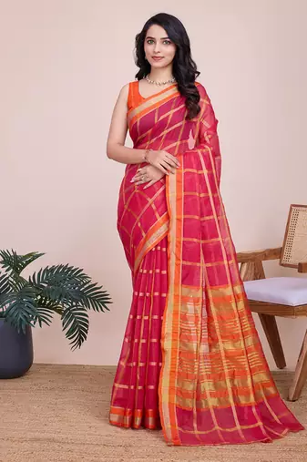 pink woven cotton saree with blouse