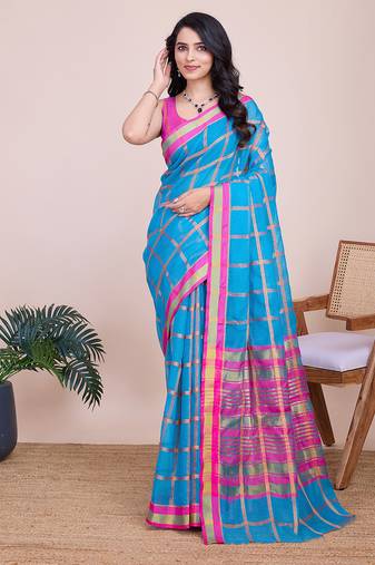 blue woven cotton saree with blouse