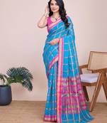 blue woven cotton saree with blouse