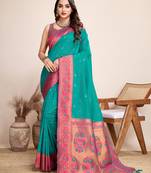 green woven jacquard saree  with blouse