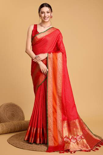 red woven jacquard saree with blouse