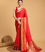 red woven jacquard saree with blouse