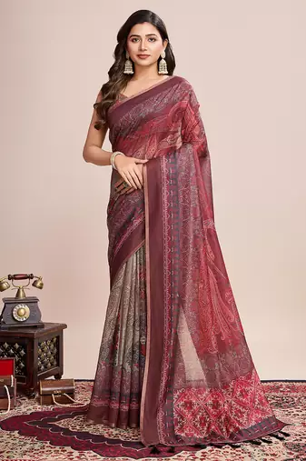 maroon woven semi linen saree with blouse